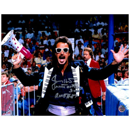 Jimmy Hart in Piano-Keyboard Lapel Jacket Signed 8x10 Photo with "Mouth of South" and "2005 HF" inscriptions