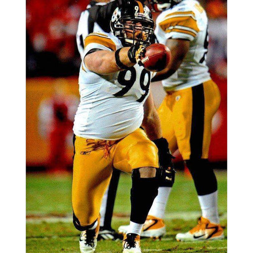 Brett Keisel  In White Pointing With Football Unsigned 8x10 Photo