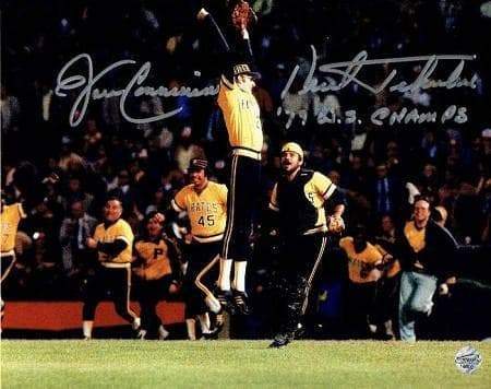 Kent Tekulve and John Candelaria Celebrating After Clinching The 1970 World Series 8x10 Photo - Signed and inscribed '79 WS Champs'