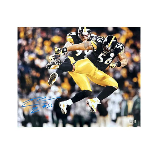 LaMarr Woodley Signed Color Leap with Brett Keisel 16x20 Photo (Blue Ink)