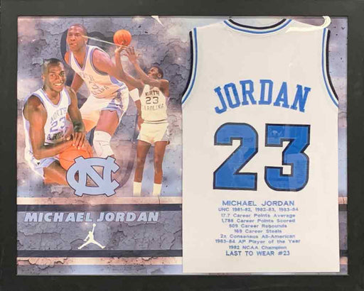 Michael Jordan Unsigned White UNC Stat Custom Basketball Jersey - Professionally Framed