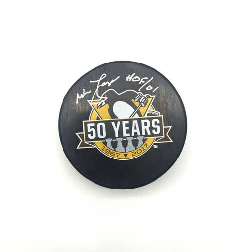 Mike Lange Autographed Pittsburgh Penguins 50 Year Logo Puck with HOF 01