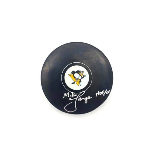 Mike Lange Autographed Pittsburgh Penguins Logo Puck with HOF 01