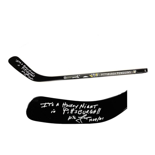 Mike Lange Autographed Pittsburgh Penguins Mini Stick with "HOF 01" and "It's a Hockey Night in Pittsburgh!!"