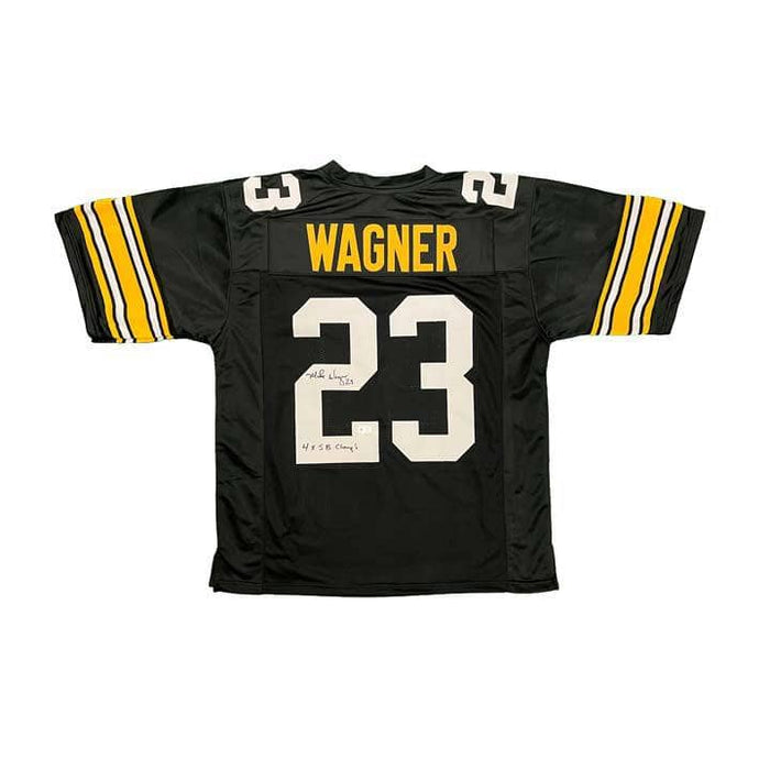 Mike Wagner Signed Custom Black Football Jersey with 4X SB Champs — TSEShop