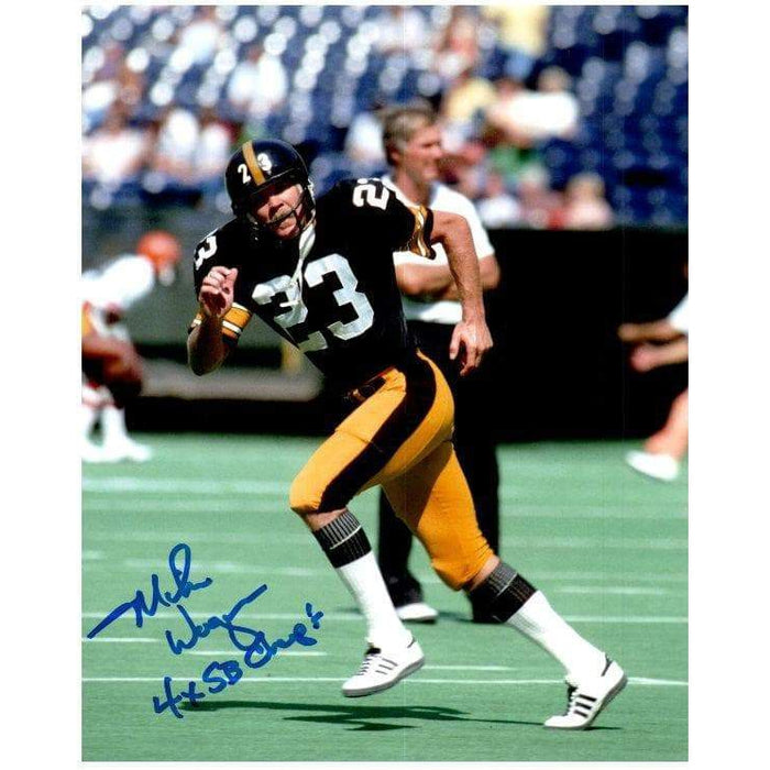 Mike Wagner Autographed Running with Chinstrap Off 8x10 Photo with 4X SB Champs