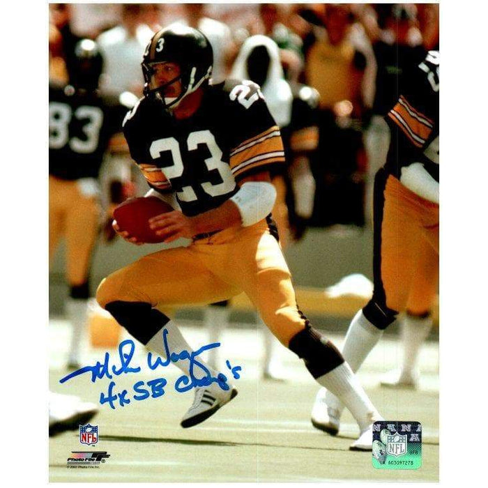 Mike Wagner Autographed Running with Football 8x10 Photo with 4X SB Champs