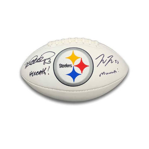Pat Freiermuth and Heath Miller Dual Autographed Pittsburgh Steelers White Logo Football with Inscriptions