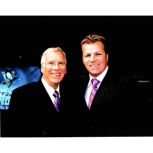 Phil Bourque And Mike Lange In Booth In Suit Unsigned 8X10 Photo