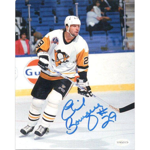 Phil Bourque Signed Skating with Stick White Jersey Vertical. 8X10 Photo