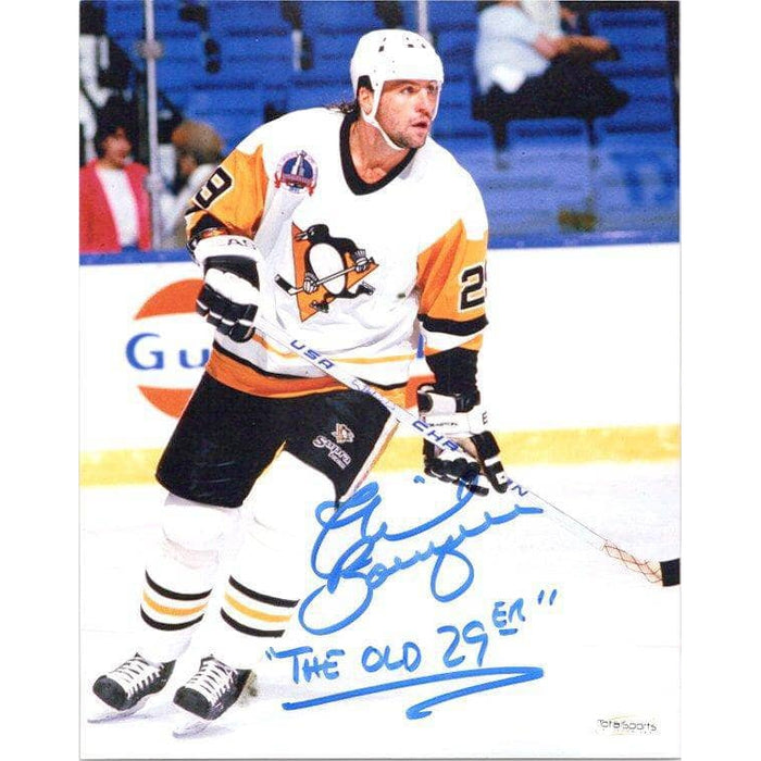 Phil Bourque Signed Skating with Stick White Jersey Vertical 8X10 Photo with The Old 29er