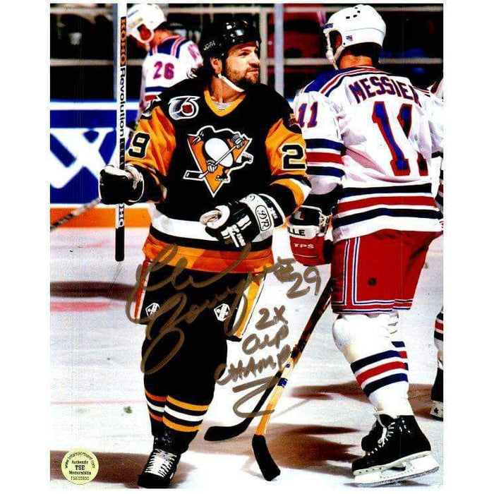 Phil Bourque Signed Stick Up with Messier 8x10 Photo with "2X Cup Champ"