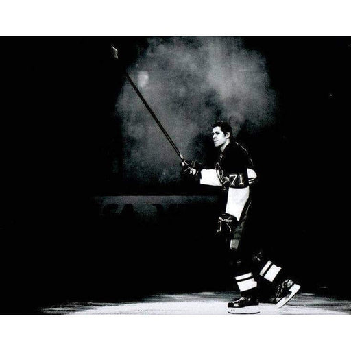 Pre-Sale: Evgeni Malkin Signed Stick Raise On Ice B&W Photo