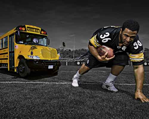 Pre-Sale: Jerome Bettis Signed Bus Pulling Bus Photo
