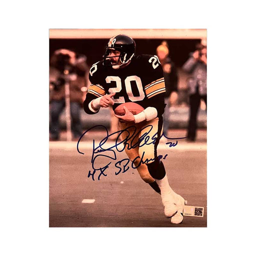 Rocky Bleier Signed Running in Black with Football 8x10 Photo with "4X SB Champs"