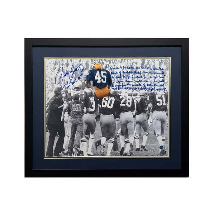 Rudy Ruettiger Signed Notre Dame Fighting Irish 16x20 Photo with Hand Written Paragraph - Professionally Framed