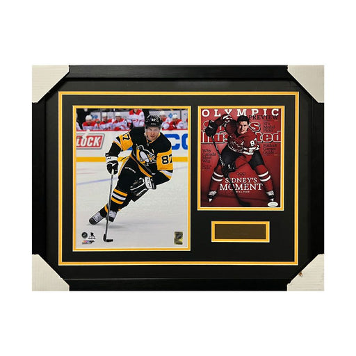 Sidney Crosby 11x14 Skating Black Uniform with Signed Olympics SI Cover 8x10 Photo - Professionally Framed