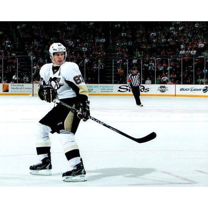 Sidney Crosby In White Skating Stick Up Horizontal Unsigned 8X10 Photo