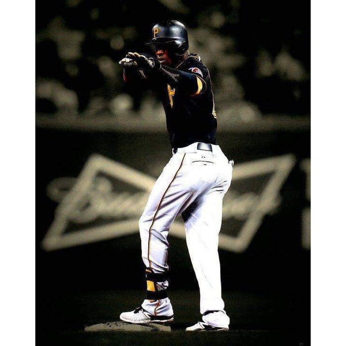 Starling Marte On Base In Black Pointing Spotlight Unsigned 8X10 Photo