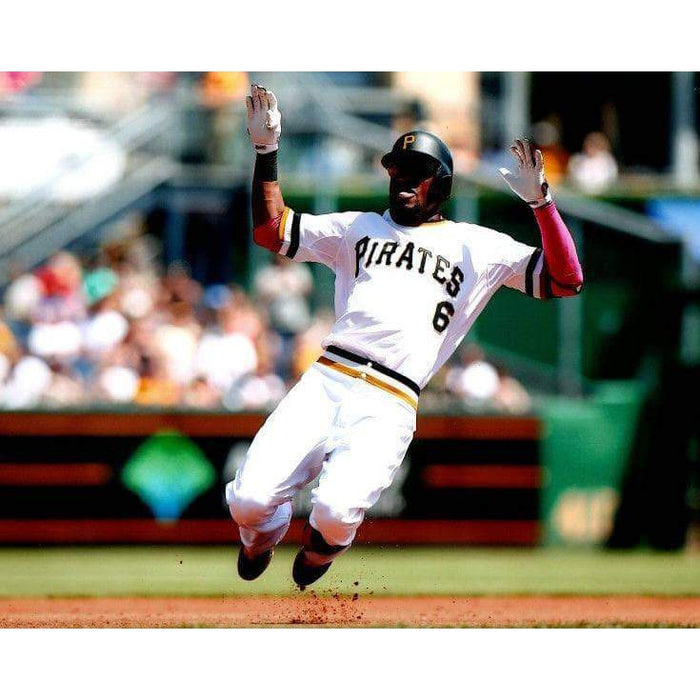 Starling Marte Sliding Into Base In White Unsigned 8X10 Photo