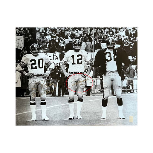 Terry Bradshaw and Rocky Bleier Signed Black and White Posing with Franco16x20 Photo with "4X SB Champs" - DAMAGED