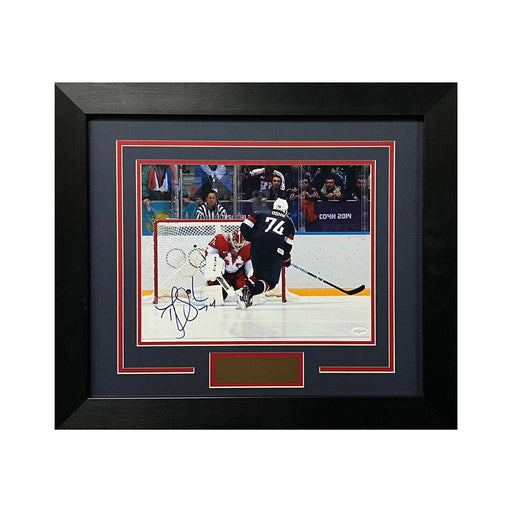 TJ Oshie Signed USA Olympic Hockey Team Shooting Puck 11x14 Photo - Professionally Framed