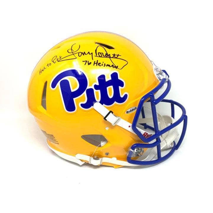 Tony Dorsett Autographed Pitt Yellow FS Speed Authentic Helmet with 76  Heisman and H2P