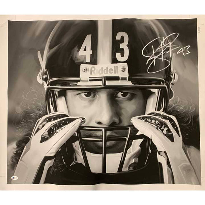 Troy Polamalu Signed Grabbing Mask 20x24 Canvas (Copy of painted)