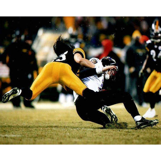 Troy Polamalu Tackling Flacco Side View Unsigned 8X10 Photo